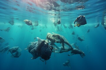 Ocean pollution: floating garbage bags and plastic debris. Generative AI