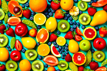 Fototapeta na wymiar Papier peint avec assortiment de fruits, vu de dessus