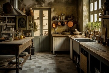 Fototapeta na wymiar vintage kitchen in an aged space. Generative AI
