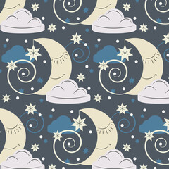 scandinavian seamless pattern with moon, stars, clouds - 649413583