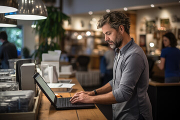 A small business owner multitasking at a busy cash register. Generative Ai.