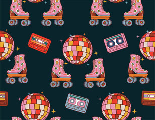 Retro rollers skates cassette headphones disco groovy funky seamless pattern - 649414106