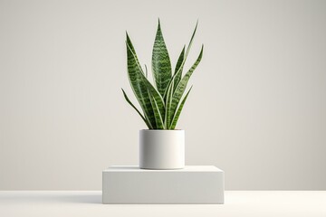 Snake plant on white podium - 3D. Generative AI