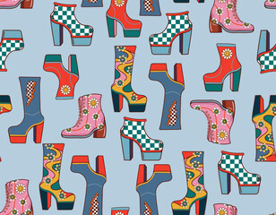 Vector seamless pattern with roller skates. And high Helels Shoes Vintage repeating , - obrazy, fototapety, plakaty