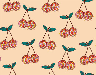 Cool mirror cherries Seamless groovy pattern with. Cherry Disco ball vector illustration. Design for fashion ,