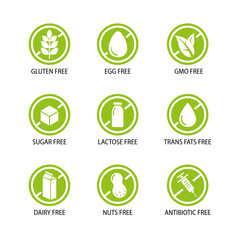 Gmo free, sugar, dairy, lactose, antibiotic, gluten free icon set. Set of allergen signs. Green dietary food symbol. vector illustration.
