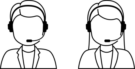 Customer service line icon. Male and female person with handphone in callcenter. Hotline support assistance. Advisors with headset on helpline. vector illustration.