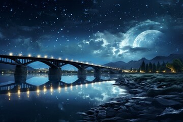 Fototapeta premium Bridge over river at night. Generative AI