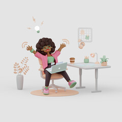 Excited emotioanl african american girl happy of creative development idea for online project. High quality 3d illustration. Remote result of smart work on strategy with coworkers.