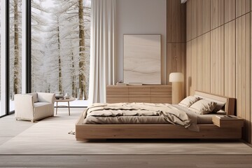 Contemporary wooden bedroom with neutral hues. Stylish bed, windows with blinds, carpets, and decorations. Minimalistic design. Generative AI