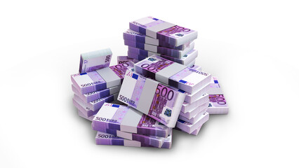 Stacks of 500 Euro notes. money on transparent background. 3d rendering of bundles of cash