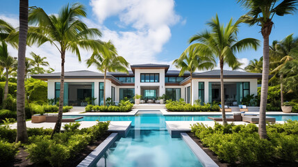 This stunning newly built Florida house boasts exquisite palm trees and a beautifully designed landscaped garden close to the beach.ai generative
