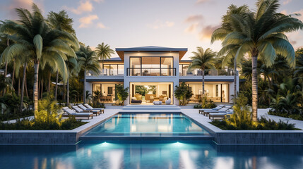 This stunning newly built Florida house boasts exquisite palm trees and a beautifully designed landscaped garden close to the beach.ai generative - obrazy, fototapety, plakaty