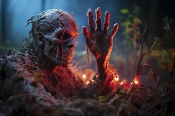 In a spooky forest, the undead rise with a Halloween theme. Zombies emerge from the darkness, creating a creepy and scary scene filled with horror and fantasy - obrazy, fototapety, plakaty