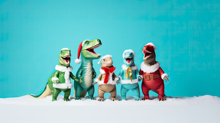 Funny dinosaur wearing Santa Claus costume on a blue background. Dinosaurs celebrating snowy Christmas