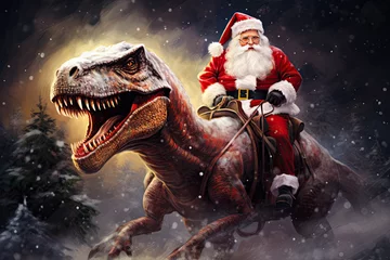 Foto op Plexiglas Santa Claus riding a dinosaur, Funny Art Design, Santa Riding Dinosaur T rex, Christmas © Tamara