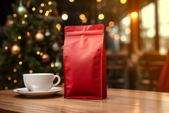 Red baggie mockup in a christmas café for coffee or tea brand marketing