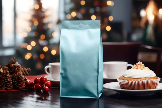 Light blue starry plastic bag in a christmas café 