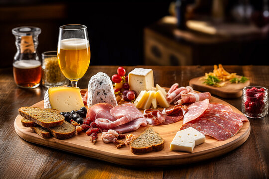 Plateau de charcuterie et formage avec de la bi&egrave;re pour collation