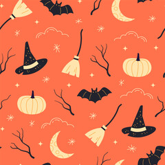 Vector seamless Halloween pattern with orange smiling spooky pumpkins. Holiday background for wrapping paper vector illustration