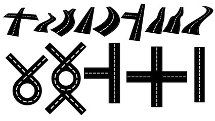 road elements. Crossroads, footpath and speedway junction mark, Roads and highways in perspective, Road path with various turns. set of road configurations,  dangerous places on the road
