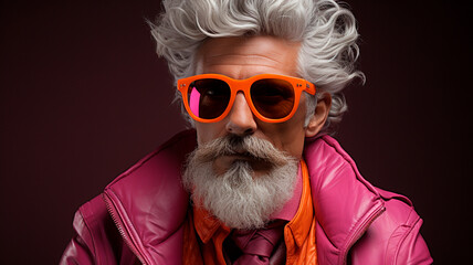close up portrait of an attractive man with a stylish beard wearing a stylish jacket and sunglasses...