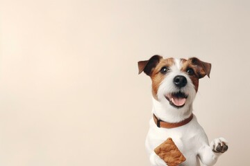 A dog holds treats. Jack Russell terrier on a light background. Natural pet nutrition. Raw feeding. Generative AI