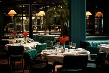 Fototapeta na wymiar Sophisticated ambiance and stylish tables in elegant eatery. Generative AI