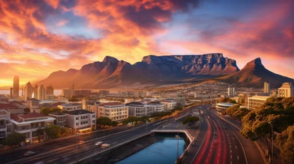 Cercles muraux Montagne de la Table Cape Town's city central business district with the iconic Table Mountain in the background, illuminated by the warm hues of a South African sunset