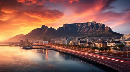 Cape Town's city central business district with the iconic Table Mountain in the background, illuminated by the warm hues of a South African sunset