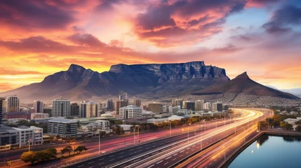 Crédence de cuisine en verre imprimé Montagne de la Table Cape Town's city central business district with the iconic Table Mountain in the background, illuminated by the warm hues of a South African sunset