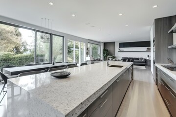 Stunning modern home featuring spacious kitchen with white island and grey countertops. Generative AI