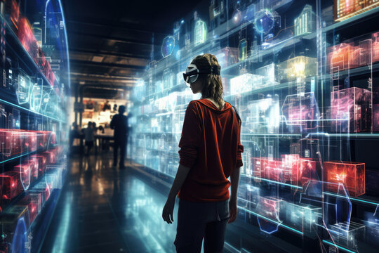 A futuristic concept of shopping using augmented reality glasses, overlaying product information and prices on physical items. Concept of AR shopping. Generative Ai. - Powered by Adobe