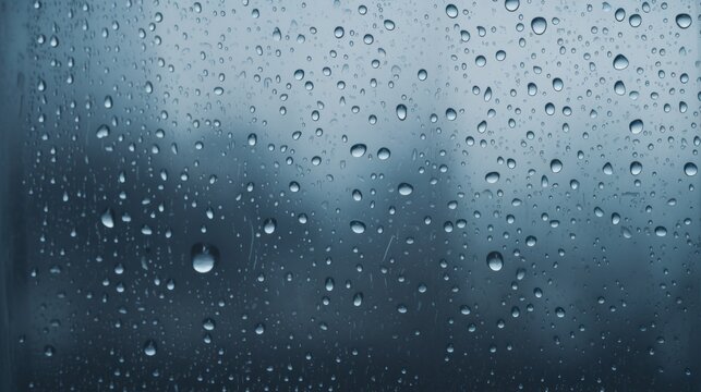Raindrops on a window glass surface against a backdrop of clouds. A natural pattern of raindrops isolated against the cloudy background