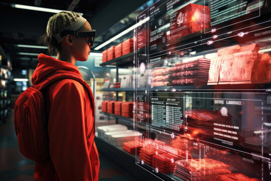 A futuristic concept of shopping using augmented reality glasses, overlaying product information and prices on physical items. Concept of AR shopping. Generative Ai.