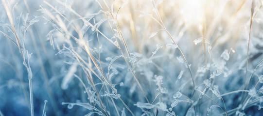 A close-up of a frosted tree and meadow, where hoarfrost and snow combine to create a captivating texture, illuminated by soft winter light. - obrazy, fototapety, plakaty