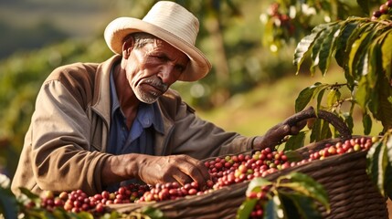 Concentrated old man in the hat in process of the harvesting coffee beans
