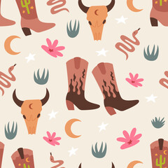 Western seamless pattern with cowboy boots, bull skull, snake, moon, grass and flowers. Wild west vector flat background