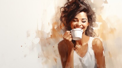 Young beautiful woman drinking coffee from the mug. Banner with copy space