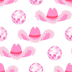 Seamless pattern with pink cowgirl hats and disco balls. Vector background. Cowboy party concept