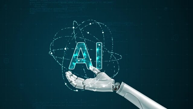 Motion graphic of Robot arm and Blue digital AI logo with particle ring circle orbit rotation on futuristic abstract background AI artificial intelligence technology and machine learning concepts