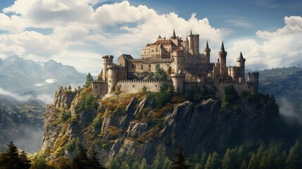 Ancient castle on a hill photo realistic illustration - Generative AI. - obrazy, fototapety, plakaty