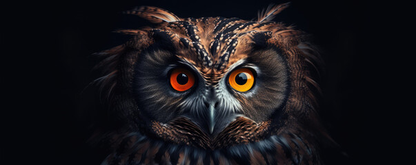 Funny owl portrait against dark night background. eagle-owl head detail.