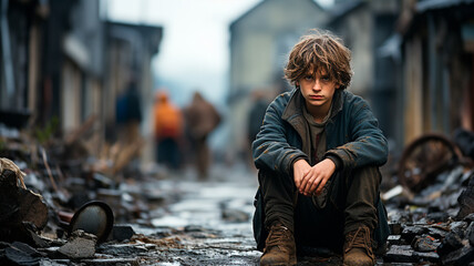 homeless boy with dirty hair sitting on street in front of abandoned building.