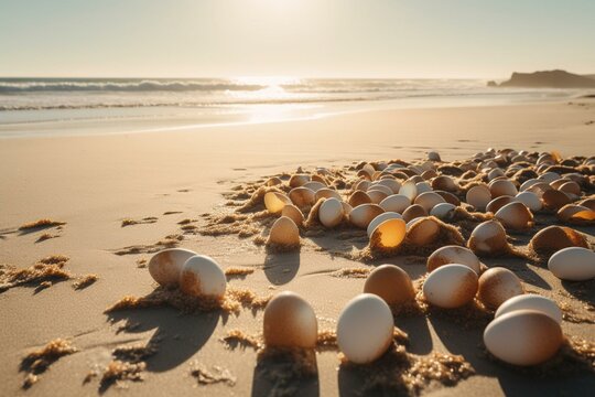 eggs spread across a sunny beach. Generative AI