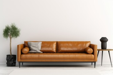 Modern living room wall mockup with leather sofa and decoration