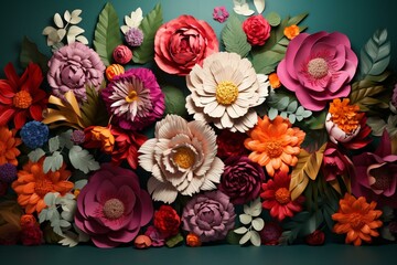 Colorful floral wallpaper featuring a 3D illustration of a mural with flowers. Generative AI