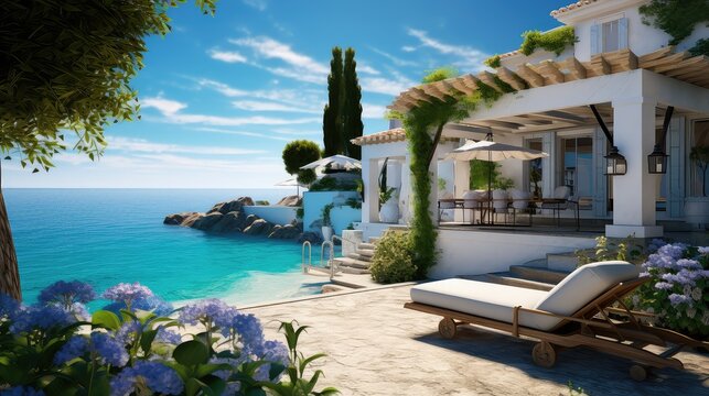 Charming seaside villa photo realistic illustration - Generative AI.