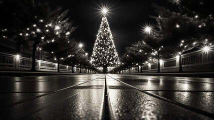 Low angle shot - black and white - mono chrome - Christmas tree on the town square - futuristic  - white lights 