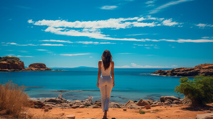 Fototapeta na wymiar beautiful woman with blue sky and clouds on the beach